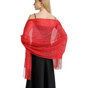 Women Red Lace Floral Shawls and Wraps Bridal HeadScarf for Evening Dress